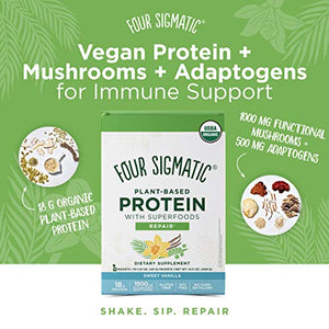 FOUR SIGMATIC Superfood Organic Plant-Based Protein with Chaga Mushroom & Ashwagandha -Supports Immune Function & Muscle Repair, Packets, Sweet Vanilla, 1.41 Oz (Pack of 10)