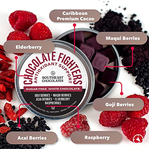 Southeast Chocolates Fighters - Sugar-Free White Chocolate Bites with Goji Berries, Maqui Berries, Acai Berries, Elderberry and Raspberry to Support Antioxidants Supply – Vegan, Dairy-Free. Soy-Free and All Natural (Small Tin 6 Pack/9 Bites ea.)