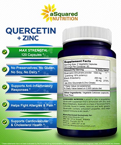Quercetin 1000mg with Zinc Supplement - 120 Capsules - Quercetin Dihydrate with Black Elderberry & Zinc - Max Strength Powder Complex Pills to Help Improve Immune Response & Anti-Inflammatory
