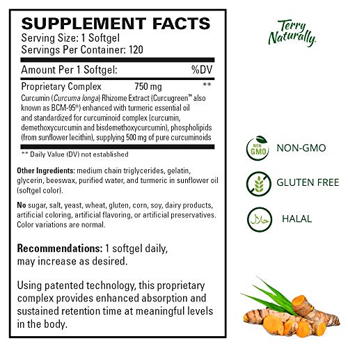 Terry Naturally CuraMed 750 mg - 120 Softgels - Superior Absorption BCM-95 Curcumin Supplement, Promotes Healthy Inflammation Response - Non-GMO, Gluten-Free, Halal - 120 Servings