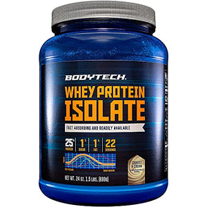 BodyTech Whey Protein Isolate Powder with 25 Grams of Protein per Serving BCAA's Ideal for PostWorkout Muscle Building Growth, Contains Milk Soy Cookies Cream (1.5 Pound)