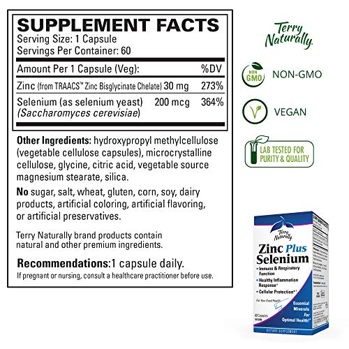 Terry Naturally Zinc Plus Selenium - 60 Capsules - Immune Support, Respiratory Function, Cellular Protection - Non-GMO, Vegan - 60 Servings
