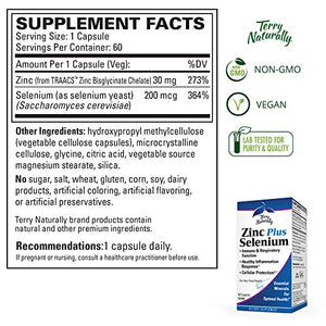 Terry Naturally Zinc Plus Selenium - 60 Capsules - Immune Support, Respiratory Function, Cellular Protection - Non-GMO, Vegan - 60 Servings
