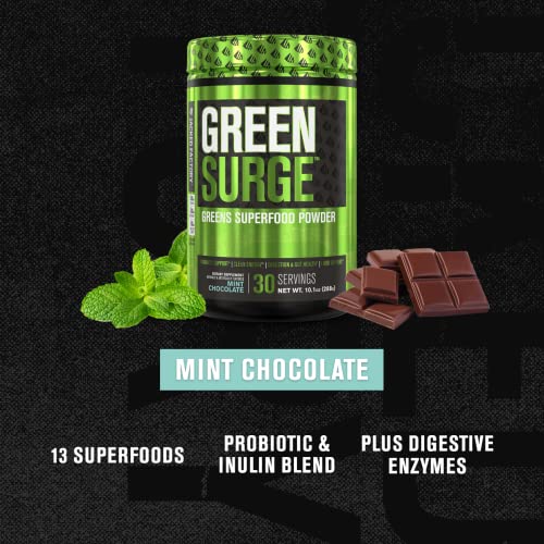 Green Surge Green Superfood Powder Supplement - Keto Friendly Greens Drink w/Spirulina, Wheat & Barley Grass - Green Tea Extract, Probiotics and Digestive Enzymes - Mint Chocolate - 30sv