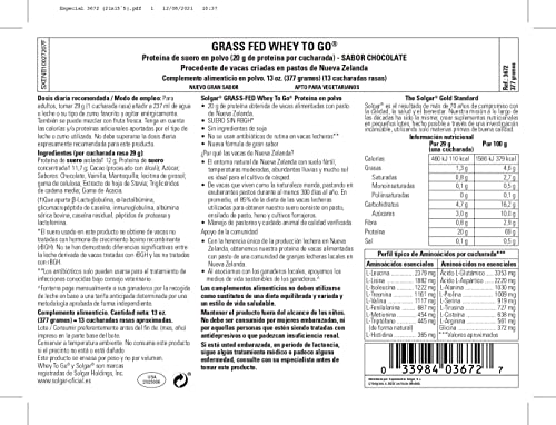 Solgar Grass Fed Whey to Go Protein Powder Chocolate, 13.2 oz - 20g of Grass-Fed Protein from New Zealand cows - Great Tasting & Mixes Easily - Supports Strength & Recovery - Non-GMO, 13 servings