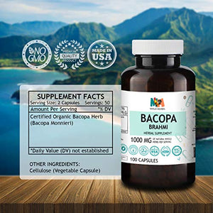 Bacopa Capsules - Organic Brahmi Herbal Supplement for Natural Stress Relief, Antioxidant Support, Memory & Brain Health, Cognitive Function - Non-GMO Formula - 1000mg, 100 Veggie Caps