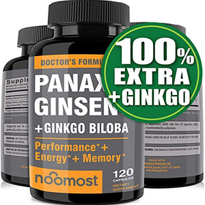 Authentic Korean Red Panax Ginseng + Ginkgo Biloba, 120 Vegan Capsules, Ginseng Root Extract Powder 1000mg (10% Ginsenosides) + Gingko Biloba 60mg, Energy and Focus Pills for Men and Women by NooMost