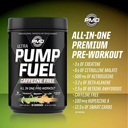 PMD Sports Ultra Pump Fuel Caffeine Free - Pre Workout Drink Mix - Energy, Strength, Endurance, Muscle Pumps and Recovery Complex Carbohydrates and Amino Energy - Rockin Rainbow Sherbet (30 Servings)