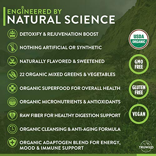 TRUWILD Wild Greens Certified Organic Green Superfood Adaptogen Powder - 22+ Amazing Organic Foods - Reishi, Ashwagandha, Maca, Moringa, Wheatgrass, Bitter Melon - Immune Support & Natural Flavor