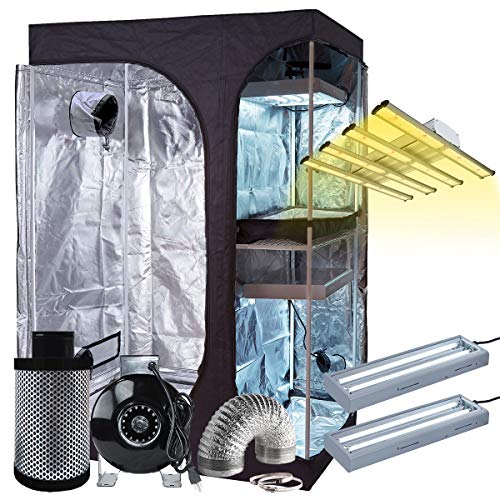 BloomGrow 48''x36''x72'' 2-in-1 Mylar Grow Tent + 6'' Fan Filter Ventilation Kit + 1200W LED Full Spectrum Grow Light + 2PCS 24W 2ft 2-lamp 6500K T5 Lights Indoor Plant Grow Tent Complete Kit