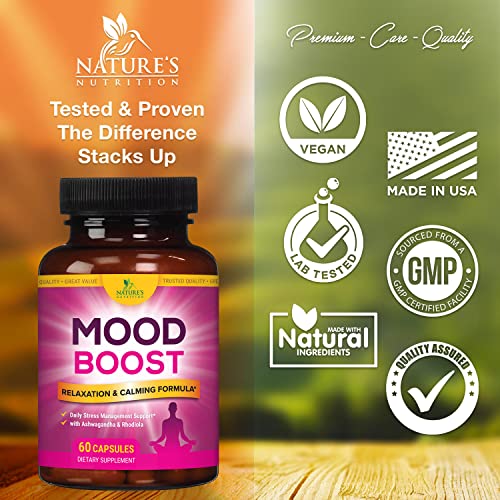 Stress Support Supplement 1000mg, Natural Herbal Formula for Calm, Positive Mood, Relaxation - Made in USA - with Ashwagandha, Niacin, L-Theanine, Rhodiola Rosea, 5-Htp - 60 Capsules