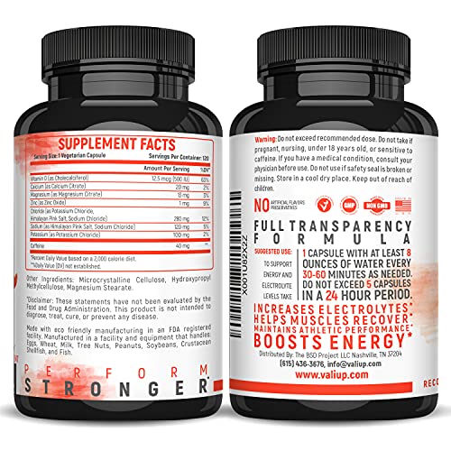 VALI Electrolyte Salts Plus 40mg Caffeine. Rapid Oral Rehydration Replacement Pills. Hydration Nutrition Powder Supplement, Energy, Recovery & Relief Fast. Fluid Health Essentials. 120 Veggie Capsules