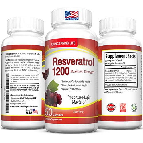 Resveratrol Capsule Supplement with Quercetin - Grape Seed Extract - Green Tea Resveratrol-1200mg Helps Promote Healthy Brain and Heart Function - 60 Capsules (1)