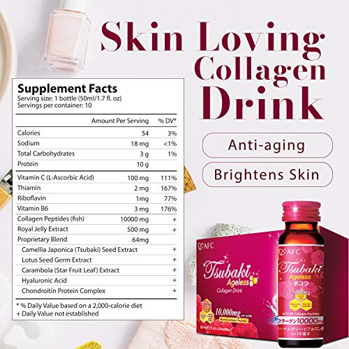 AFC Japan Tsubaki Ageless Beauty Collagen Drink from Japan with 10,000mg Marine Collagen Peptides + 500mg Royal Jelly + Hyaluronic Acid + Vitamin Bs & C for Skin Revitalization (1.69fl.ozx10 Bottles)