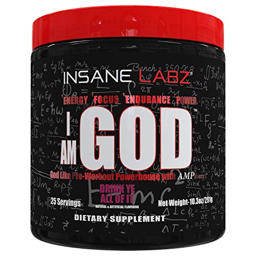 Insane Labz I am God Pre Workout, High Stim Pre Workout Powder Loaded with Creatine and DMAE Bitartrate Fueled by AMPiberry, Energy Focus Endurance Muscle Growth,25 Srvgs,Drink Ye All of It