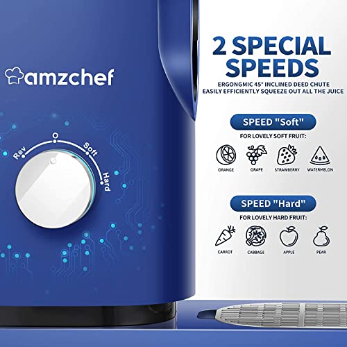 AMZCHEF Slow Juicer Machines Slow Masticating Juicer Cold Press Juicer Vegetables&Fruits Extractor 3'' Large Feed Chute Non-porous Filter Easy Clean& Quite 2 Speeds Jug Brush BPA-Free (Blue)