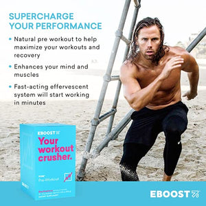 EBOOST POW Natural Pre-Workout – 15 Packets – Blue Raspberry - Pre Workout Supplement for Performance, Energy, Focus - Men Women - Non-GMO, Gluten-Free, No Creatine