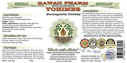 Yohimbe Alcohol-Free Liquid Extract, Yohimbe Liquid (Pausinystalia Yohimbe) Dried Bark Glycerite Natural Herbal Supplement, Hawaii Pharm, USA 2 fl.oz