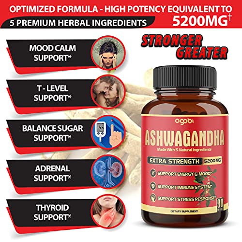 5in1 Ashwagandha Capsules - Equivalent to 5200mg Powder - Combined With Turmeric, Ginger, Black Pepper And Rhodiola - Mood And Strength Support Supplement - 1 Pack 90 Capsules 3-Month Supply