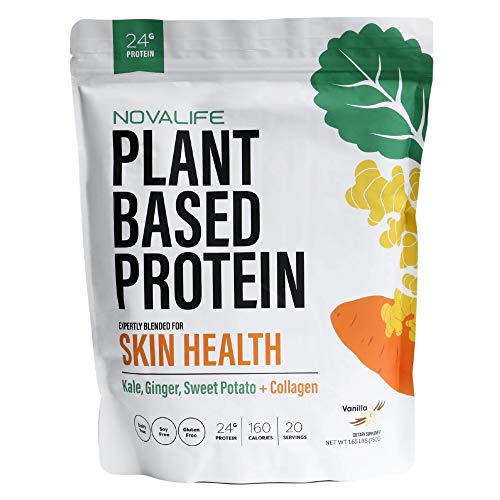 NovaLife Organic Skin Health Vanilla Plant Protein Powder, 1.65 Pounds, 20 Servings, 24g Protein, Collagen, Low Carb, Keto Friendly, Soy Free, Dairy Free, Non-GMO, Gluten Free, No Sugar Added