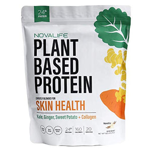 NovaLife Organic Skin Health Vanilla Plant Protein Powder, 1.65 Pounds, 20 Servings, 24g Protein, Collagen, Low Carb, Keto Friendly, Soy Free, Dairy Free, Non-GMO, Gluten Free, No Sugar Added