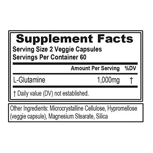 Evlution Nutrition L-Glutamine 1000, 1g Pure L Glutamine Per Serving, Post Workout, Nitrogen Transporter, Immune Support, Vegan, Gluten-Free, Veggie Capsules (60 Servings)