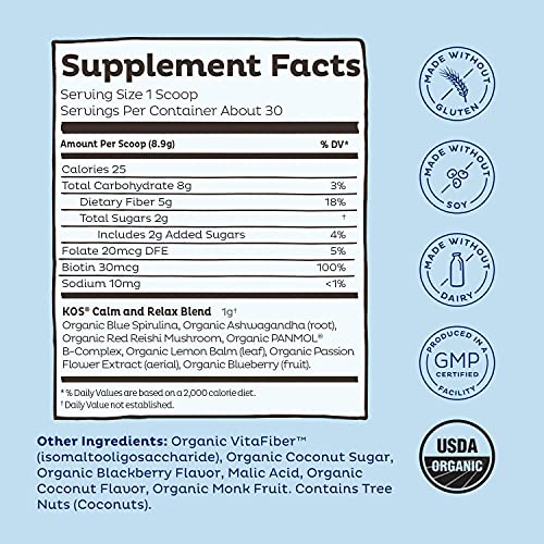 KOS Calming Blue Spirulina Blend with Ashwagandha Powder, Lemon Balm, Reishi Mushroom - Berry Coconut Cooler Flavor, 30 Servings