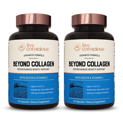 Beyond Collagen Multi Collagen Capsules - Types I, II, III, V & X | Hydrolyzed Blend with Biotin & Vitamin C for Hair, Skin, Nails | Live Conscious - 180 Capsules (2-Pack)