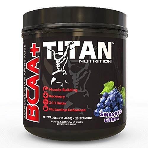 Titan BCAA+ Powder - Branched-Chain Amino Acid + Glutamine - Build Lean Muscle, Increase Muscle Mass, Aid Recovery - BCAA Ratio 2:1:1 - No Gluten, Low-Carb - Vegan - 50 Servings - Smashed Grape