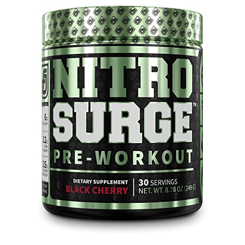 NITROSURGE Pre Workout Supplement - Endless Energy, Instant Strength Gains, Clear Focus, Intense Pumps - Nitric Oxide Booster & Powerful Preworkout Energy Powder - 30 Servings, Black Cherry