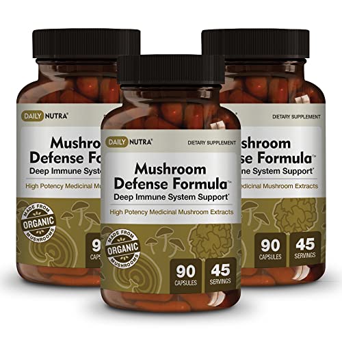 Mushroom Defense Formula by DailyNutra - Immune Support Supplement | Organic Mushrooms, Hot Water Extracted - Reishi, Chaga, Maitake, Shiitake & Turkey Tail (3-Pack)