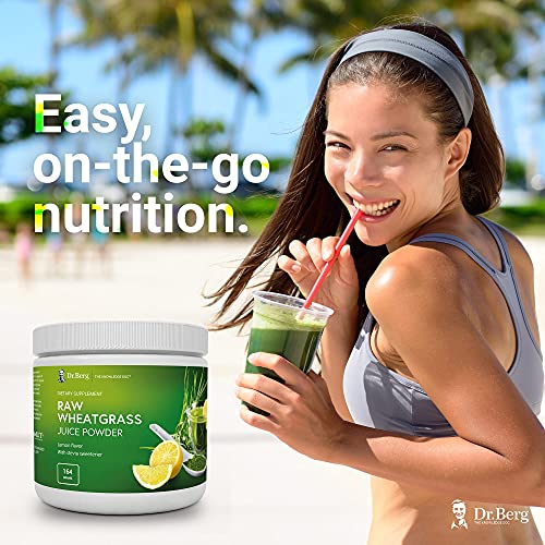 Dr. Berg's Raw Wheatgrass Juice Powder, Lemon Flavor w/ Stevia Sweetener - Green Superfoods Rich in Vitamins Chlorophyll & Trace Minerals - BioActive Dehydration & Ultra-Concentrated Nutrients 1 Pack