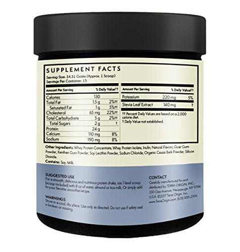 Terra Origin, 100% Grass-Fed, Whey Protein Powder, Cinnamon Bun Flavored, 15 Servings, Isolate and Concentrate Blend, Repair and Build Muscle, 24g Protein