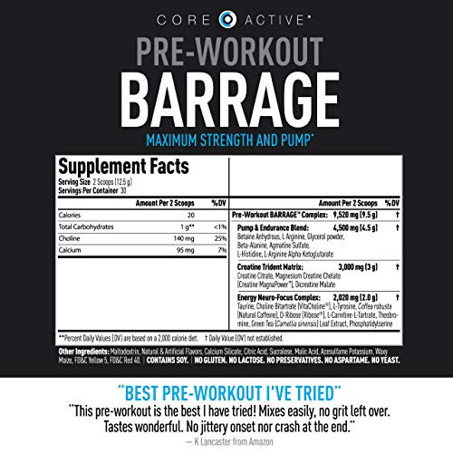 Core Active Barrage Pre Workout - Pre-Workout for Men and Women with Creatine, Beta-Alanine, Agmatine Sulfate, and Caffeine - Pump Up Your Workout with Intense Energy and Focus - Orange (30 Servings)