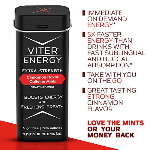 Viter Energy Extra Strength Caffeinated Mints - 80mg Caffeine, B Vitamins, Sugar Free Vegan Breath Mint. Powerful Energizing Boost. 1 Mint Replaces 1 Coffee, Gum, Chews, Gummies (Cinnamon, 6 Pack)