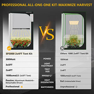 MARS HYDRO Grow Tent Kit Complete 2x4ft SP3000 Samsung LM301B 960pcs LEDs Grow Light Meanwell Driver, 24"x48"x70" Growing Tent Kit Grow Tent Complete System 1680D Grow Tent with 4”Ventilation Kit