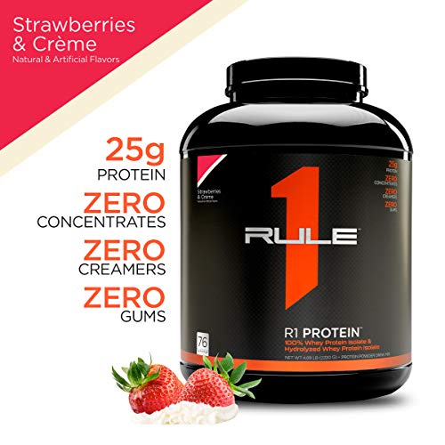 Rule One Proteins, R1 Protein - Strawberries and Crème, 25g Fast-Acting, Super-Pure 100% Isolate and Hydrolysate Protein Powder with 6g BCAAs for Muscle Growth and Recovery, 5 Pounds, 76 Servings