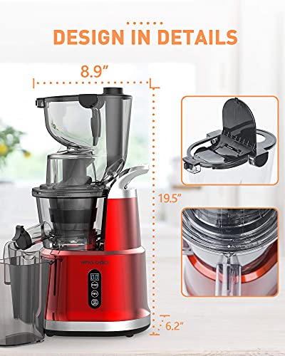 Slow Masticating Juicer, Slow Juicer with 3.2 Big Feed Chute for Whole Fruits Vegetables, Easy to Clean Cold Press Juicer Machine with 900 ml Juice Cup, Juicer Extractor BPA-Free (red)