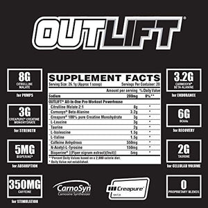 Nutrex Research Outlift | Clinically Dosed Pre-Workout Powerhouse, Citrulline, BCAA, Creatine, Beta-Alanine, Taurine, Banned Substance Free | Blackberry Lemonade | 506 Gram - 17.8 oz