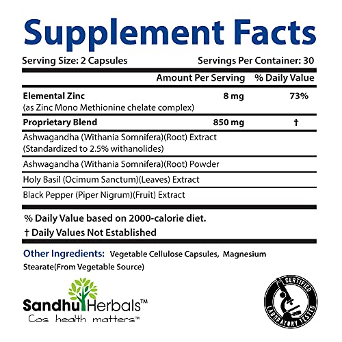 Sandhu Herbals Ashwagandha with Zinc Black Pepper Extract Ashwagandha Powder Stress Relief & Mood Support Supplements 60 Vegetarian Capsules