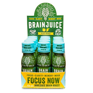 BrainJuice Brain Booster Shot, Decaffeinated Peach Mango | Liquid Drink Supplement for Improved Memory, Focus, Clarity & Mood, Gluten-Free, Non-GMO | 2.5 fl oz, 12 Count