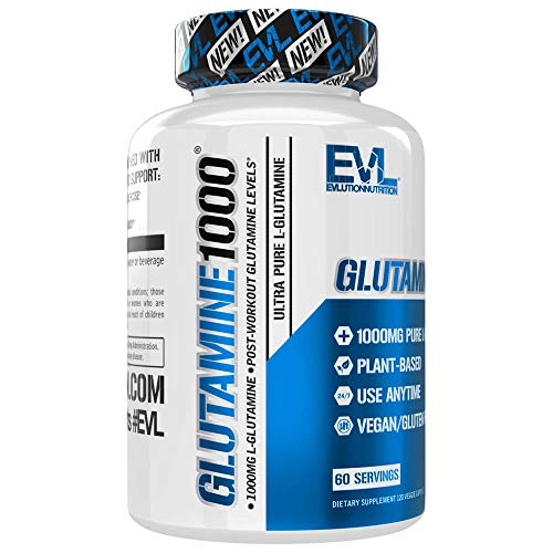 Evlution Nutrition L-Glutamine 1000, 1g Pure L Glutamine Per Serving, Post Workout, Nitrogen Transporter, Immune Support, Vegan, Gluten-Free, Veggie Capsules (60 Servings)
