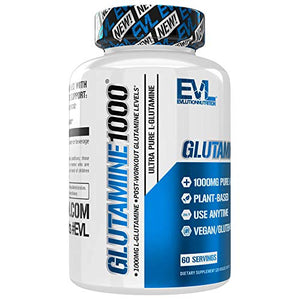 Evlution Nutrition L-Glutamine 1000, 1g Pure L Glutamine Per Serving, Post Workout, Nitrogen Transporter, Immune Support, Vegan, Gluten-Free, Veggie Capsules (60 Servings)