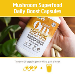 Om Mushroom Superfood Lion's Mane Mushroom Capsules Superfood Supplement, 180 Count, 60 Days, Fruit Body and Mycelium Nootropic for Memory Support, Focus, Clarity, Nerve Health, Creativity and Mood