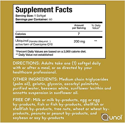 Qunol 200mg Ubiquinol CoQ10, Powerful Antioxidant for Heart and Vascular Health, Essential for energy production, Natural Supplement Active Form of CoQ10, 60 Count