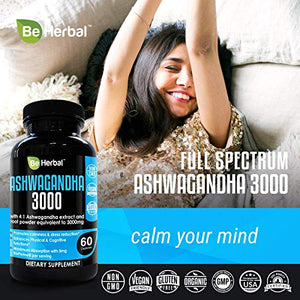 BE HERBAL Premium Organic Ashwagandha 3000mg with BioPerine - Stress Relief, Anti Anxiety, Cortisol Manager and Adrenal Support Supplement (60 Count)