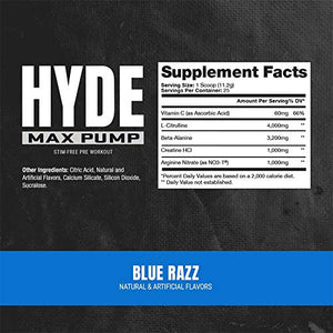 ProSupps Hyde Max Pump Pre Workout for Men and Women - Nitric Oxide Supplement for Pump and Endurance - Stimulant Free Pre Workout to Promote Blood Flow and Muscle Strength (Blue Razz, 25 Servings)