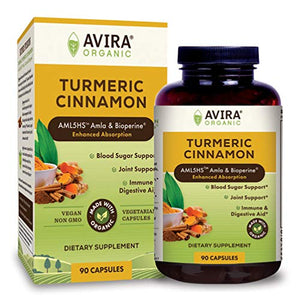 Avira Organic Turmeric Cinnamon, Super Fusion with Amla, Curcumin & Bioperine, Immune Activity, Digestive Aid, Blood Sugar & Joint Support, Max Strength-2190 mg, Yellow, 90 Count