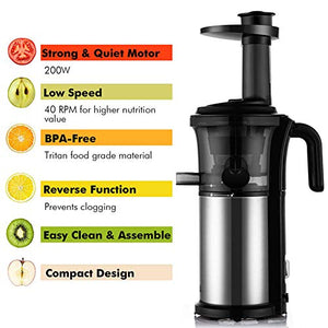 YBZS 200W 40RPM Masticating Slow Juicer Low Speed Auger Fruit Vegetable Cold Press Juice Extractor Squeezer Stainless Steel