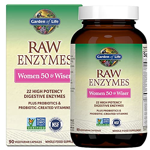 Garden of Life Vegetarian Digestive Supplement for Women 50 & Wiser - Raw Enzymes for Digestion, Bloating, Gas, and IBS, 90 Capsules - Packaging May Vary